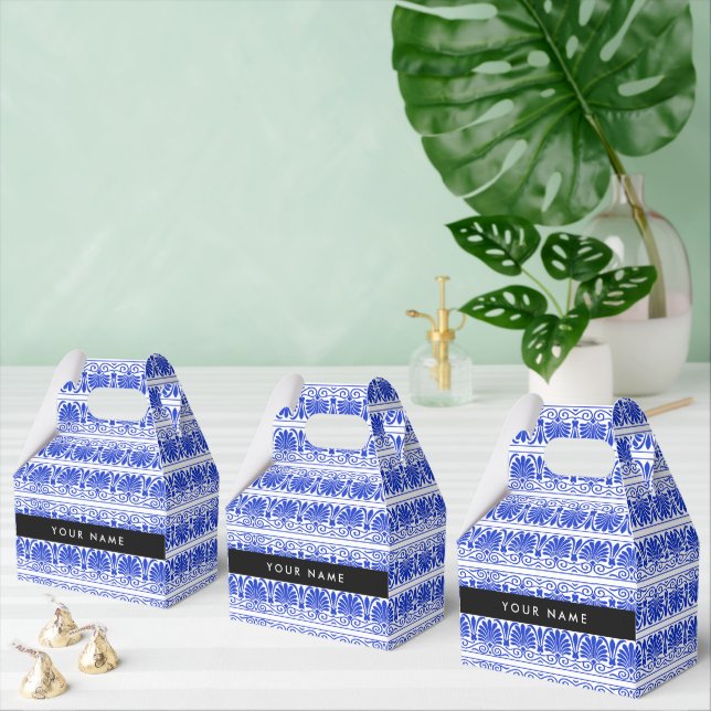 Greek Fret Arabesque Blue, Your Name, Personalise Favour Box (Multiple)