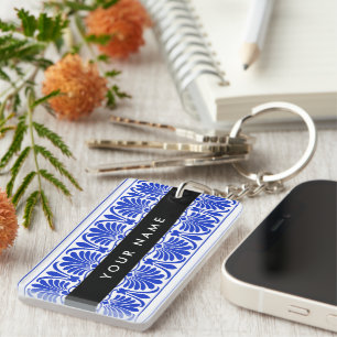 Greek Fret Arabesque Blue, Your Name, Personalise Key Ring