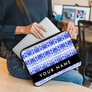 Greek Fret Arabesque Blue, Your Name, Personalise Laptop Sleeve