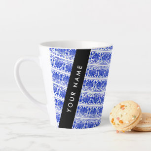 Greek Fret Arabesque Blue, Your Name, Personalise Latte Mug