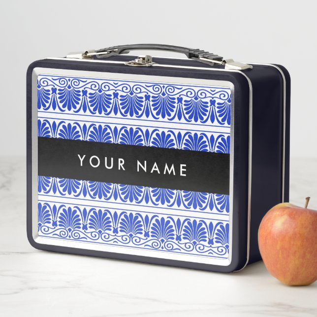 Greek Fret Arabesque Blue, Your Name, Personalise Metal Lunch Box (In Situ)