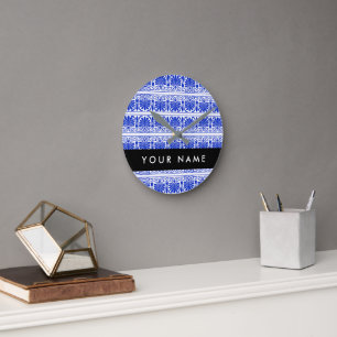 Greek Fret Arabesque Blue, Your Name, Personalise Round Clock