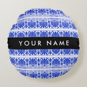 Greek Fret Arabesque Blue, Your Name, Personalise Round Cushion