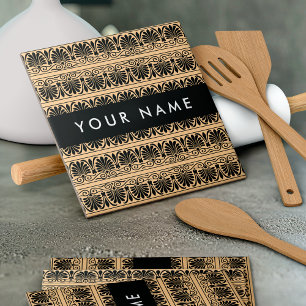 Greek Fret Arabesque Brown, Your Name, Personalise Ceramic Tile