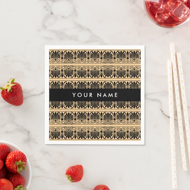 Greek Fret Arabesque Brown, Your Name, Personalise Napkin (Insitu)