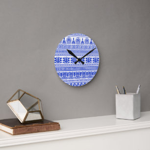 Greek Fret, Mediterranean Pattern, Blue Round Clock