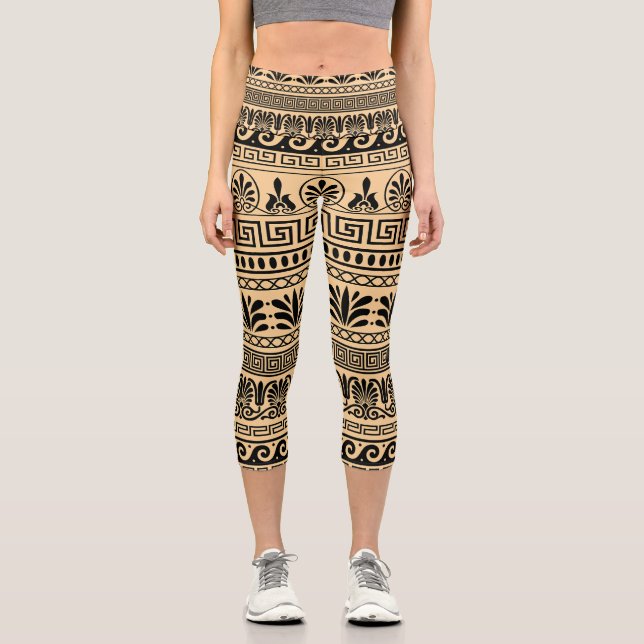 Greek Fret, Mediterranean Pattern, Brown Capri Leggings (Front)