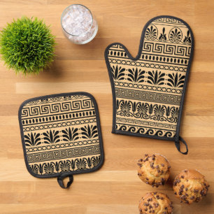 Greek Fret, Mediterranean Pattern, Brown Oven Mitt & Pot Holder Set