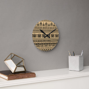 Greek Fret, Mediterranean Pattern, Brown Round Clock