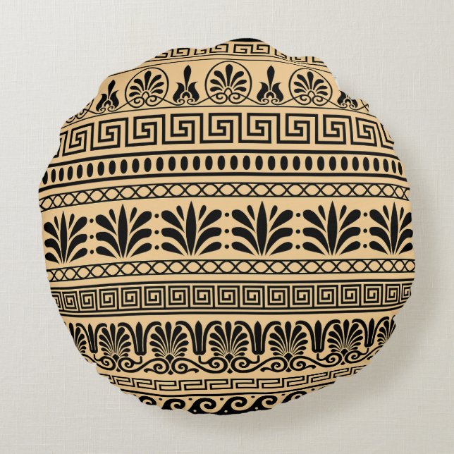 Greek Fret, Mediterranean Pattern, Brown Round Cushion (Back)