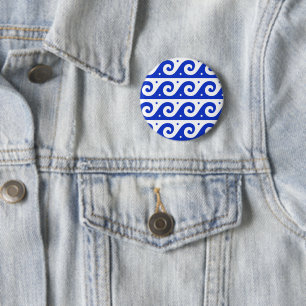 Greek Fret, Mediterranean Wave Pattern, Blue 6 Cm Round Badge
