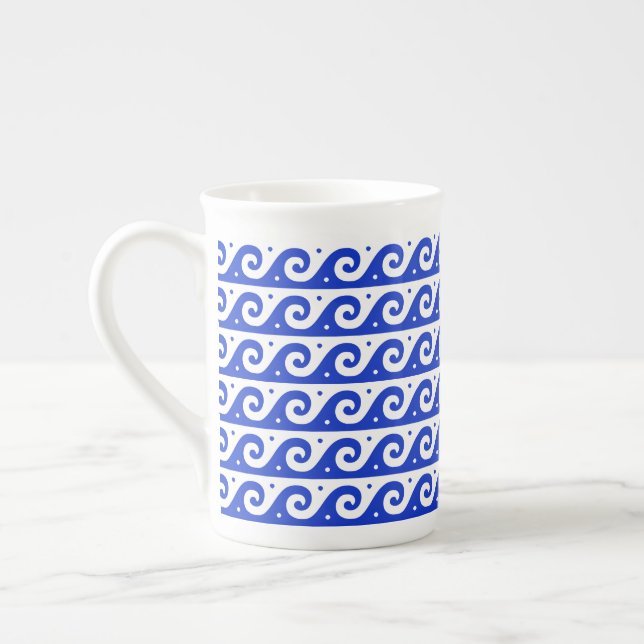 Greek Fret, Mediterranean Wave Pattern, Blue Bone China Mug (Left)