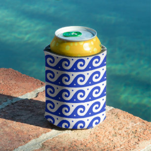 Greek Fret, Mediterranean Wave Pattern, Blue Can Cooler