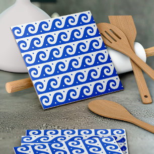 Greek Fret, Mediterranean Wave Pattern, Blue Ceramic Tile