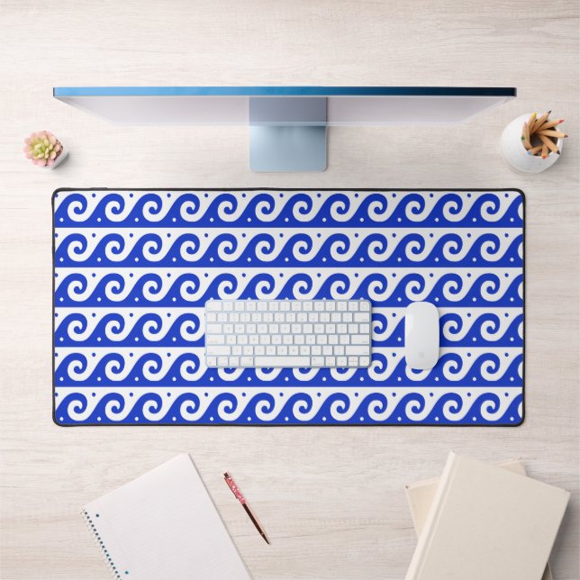 Greek Fret, Mediterranean Wave Pattern, Blue Desk Mat (Office 1)