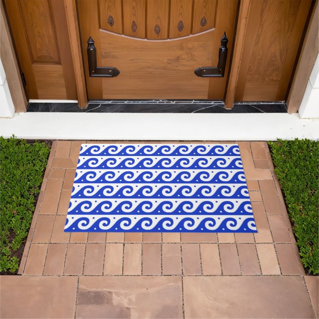 Greek Fret, Mediterranean Wave Pattern, Blue Doormat (Outdoor)