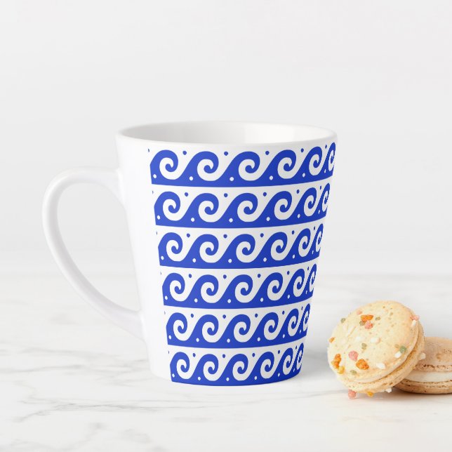 Greek Fret, Mediterranean Wave Pattern, Blue Latte Mug (In Situ)