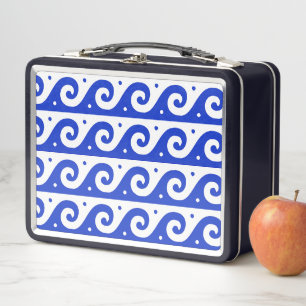 Greek Fret, Mediterranean Wave Pattern, Blue Metal Lunch Box