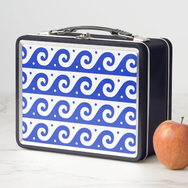 Greek Fret, Mediterranean Wave Pattern, Blue Metal Lunch Box (In Situ)
