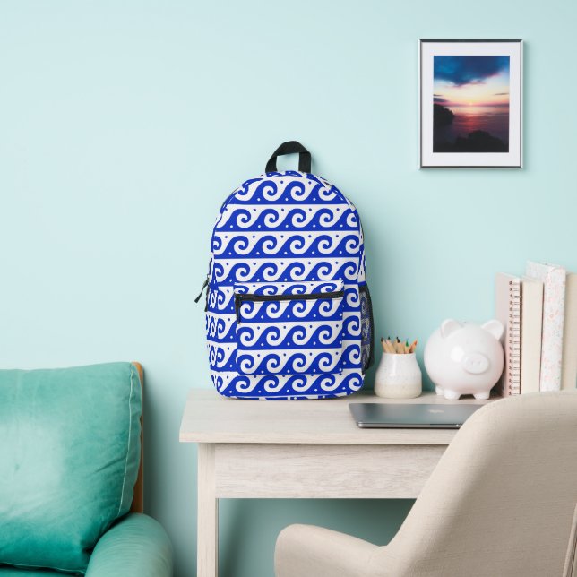 Greek Fret, Mediterranean Wave Pattern, Blue Printed Backpack (Insitu)