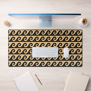 Greek Fret, Mediterranean Wave Pattern, Brown Desk Mat