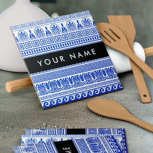 Greek Fret, Mixed Meander Key, Blue, Your Name Ceramic Tile