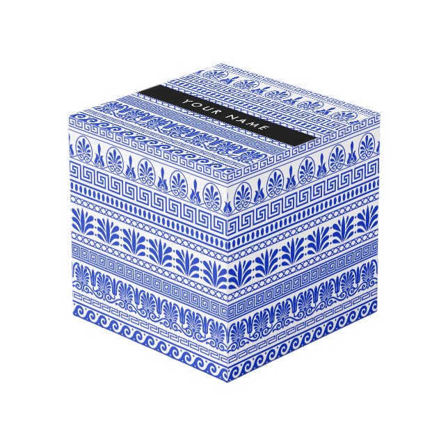 Greek Fret, Mixed Meander Key, Blue, Your Name Cube (Front Angled)