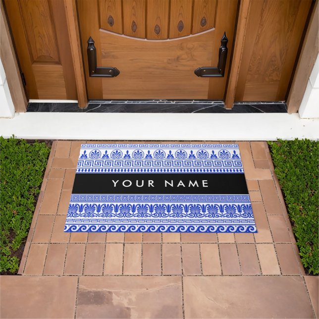 Greek Fret, Mixed Meander Key, Blue, Your Name Doormat (Outdoor)