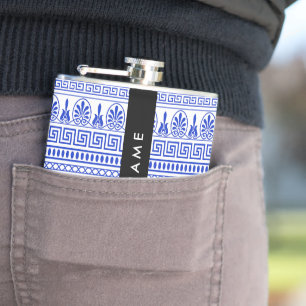 Greek Fret, Mixed Meander Key, Blue, Your Name Hip Flask