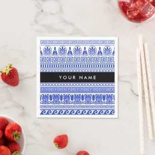 Greek Fret, Mixed Meander Key, Blue, Your Name Napkin