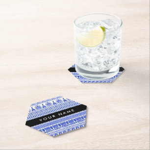 Greek Fret, Mixed Meander Key, Blue, Your Name Paper Coaster
