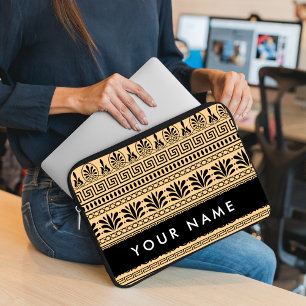 Greek Fret, Mixed Meander Key, Brown, Your Name Laptop Sleeve