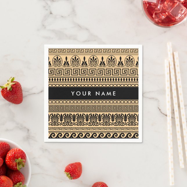 Greek Fret, Mixed Meander Key, Brown, Your Name Napkin (Insitu)