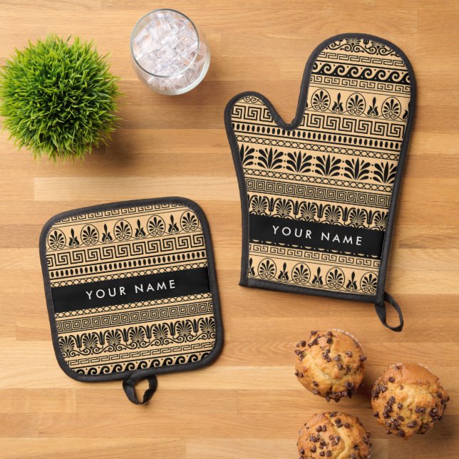 Greek Fret, Mixed Meander Key, Brown, Your Name Oven Mitt & Pot Holder Set (Top Down)