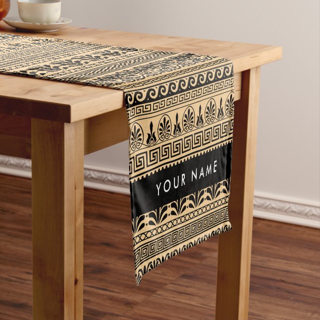 Greek Fret, Mixed Meander Key, Brown, Your Name Short Table Runner (In Situ)