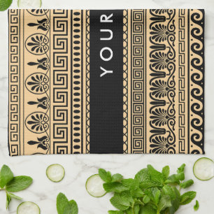 Greek Fret, Mixed Meander Key, Brown, Your Name Tea Towel