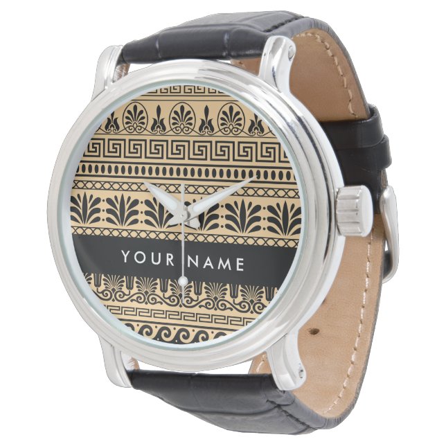 Greek Fret, Mixed Meander Key, Brown, Your Name Watch (Angled)