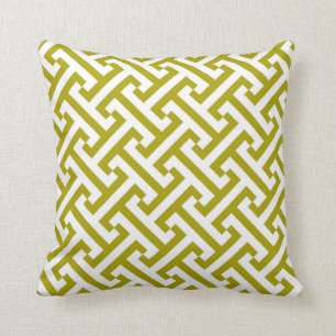 Greek Geometric Pattern Chartreuse Green and White Cushion