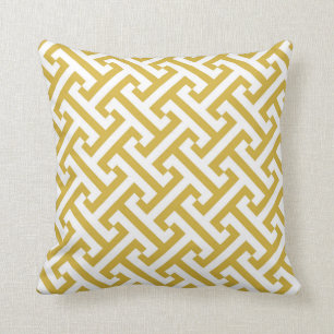 Greek Geometric Pattern Mustard Yellow and White Cushion