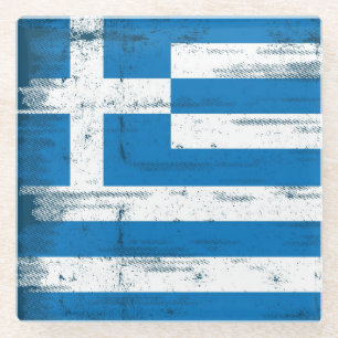 Greek grunge Flag Glass Coaster