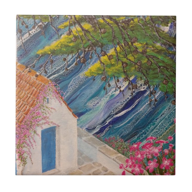 Greek Holidays Blue and Pink Ceramic Tile (Front)
