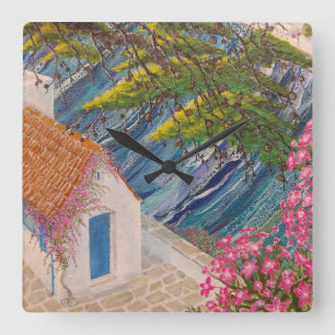 Greek Holidays Blue and Pink Square Wall Clock
