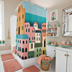 Greek houses minimalist art shower curtain