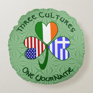 Greek Irish USA Flags Shamrock Personalised Round Cushion