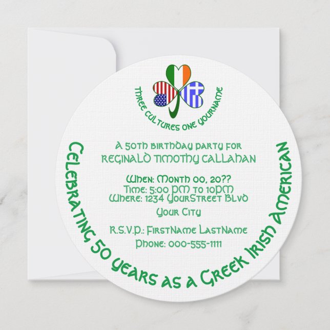 Greek Irish USA Flags Shamrock Personalised Round Invitation (Front)