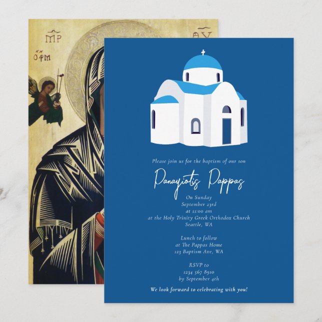 Greek Island Blue Dome Church Baptism Christening Invitation (Front/Back)