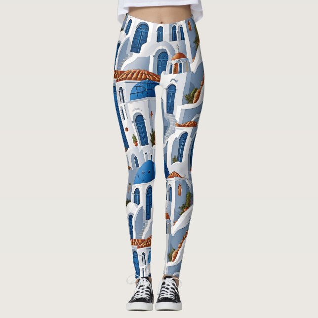Greek Island Charm Trendy Santorini Leggings (Front)