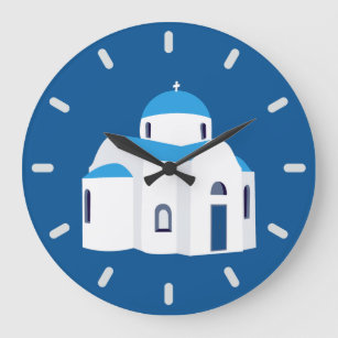 Greek Island Santorini Blue Dome Church  Large Clock