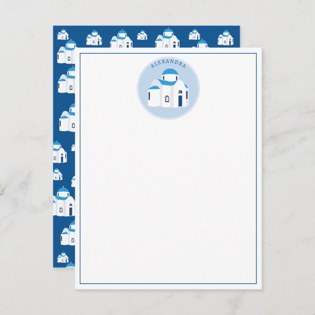 Greek Island Santorini Blue Dome Church Monogram Card (Front/Back)