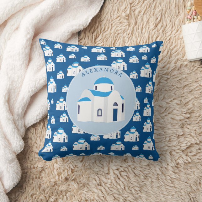 Greek Island Santorini Blue Dome Church Monogram Cushion (Blanket)